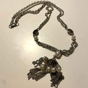 Vintage Lariat Pearl Necklace with Purple Gem Accents